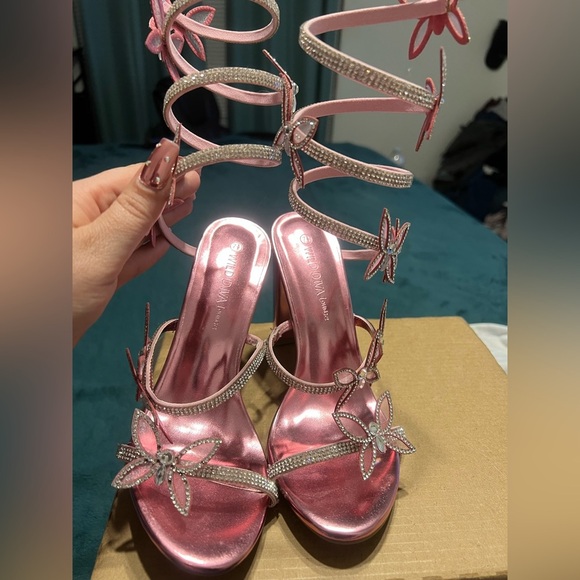 Pink Strappy Heels with Rhinestone Accents - Picture 1 of 9